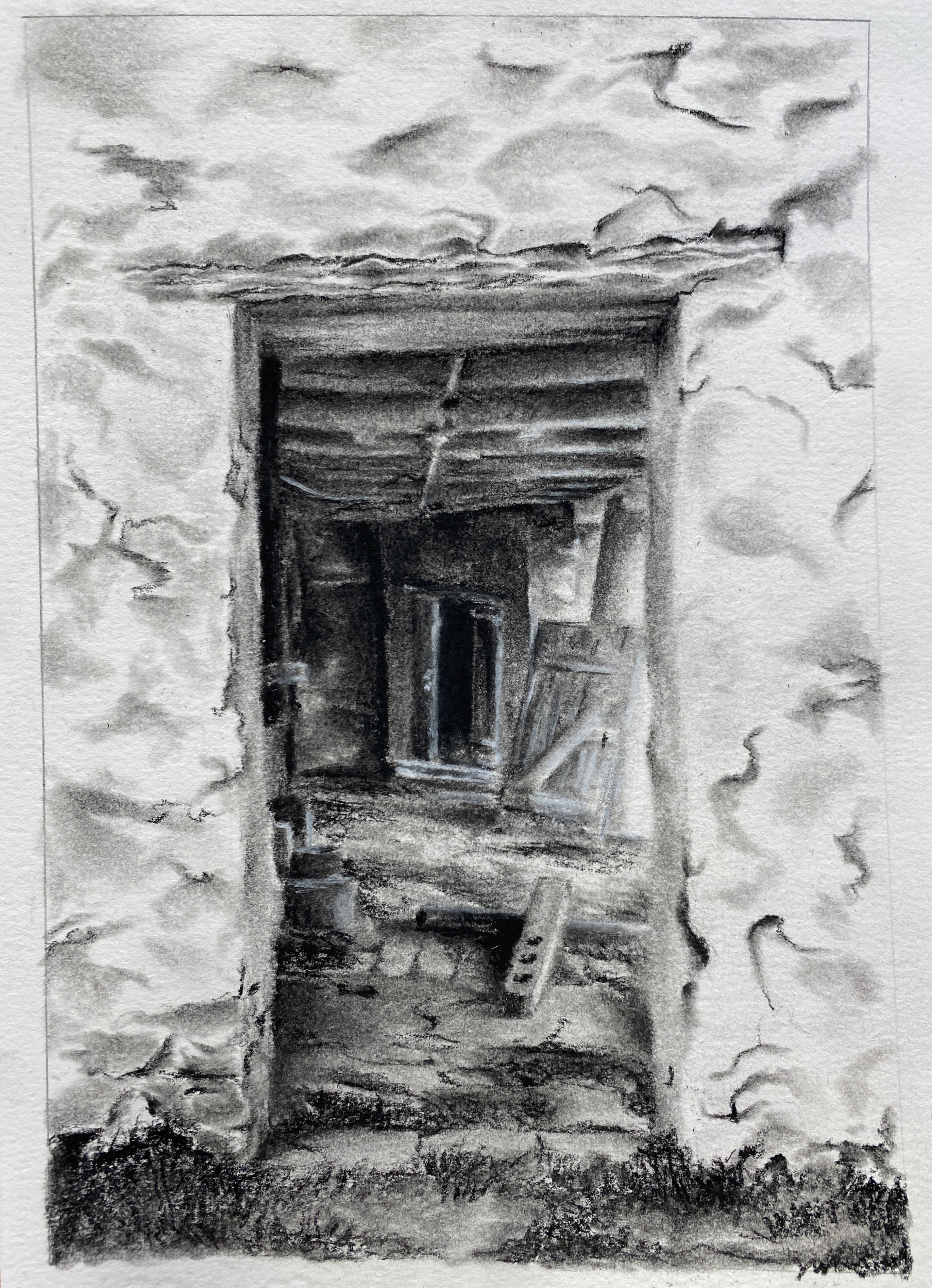 Drawing of the interior of a run-down barn.