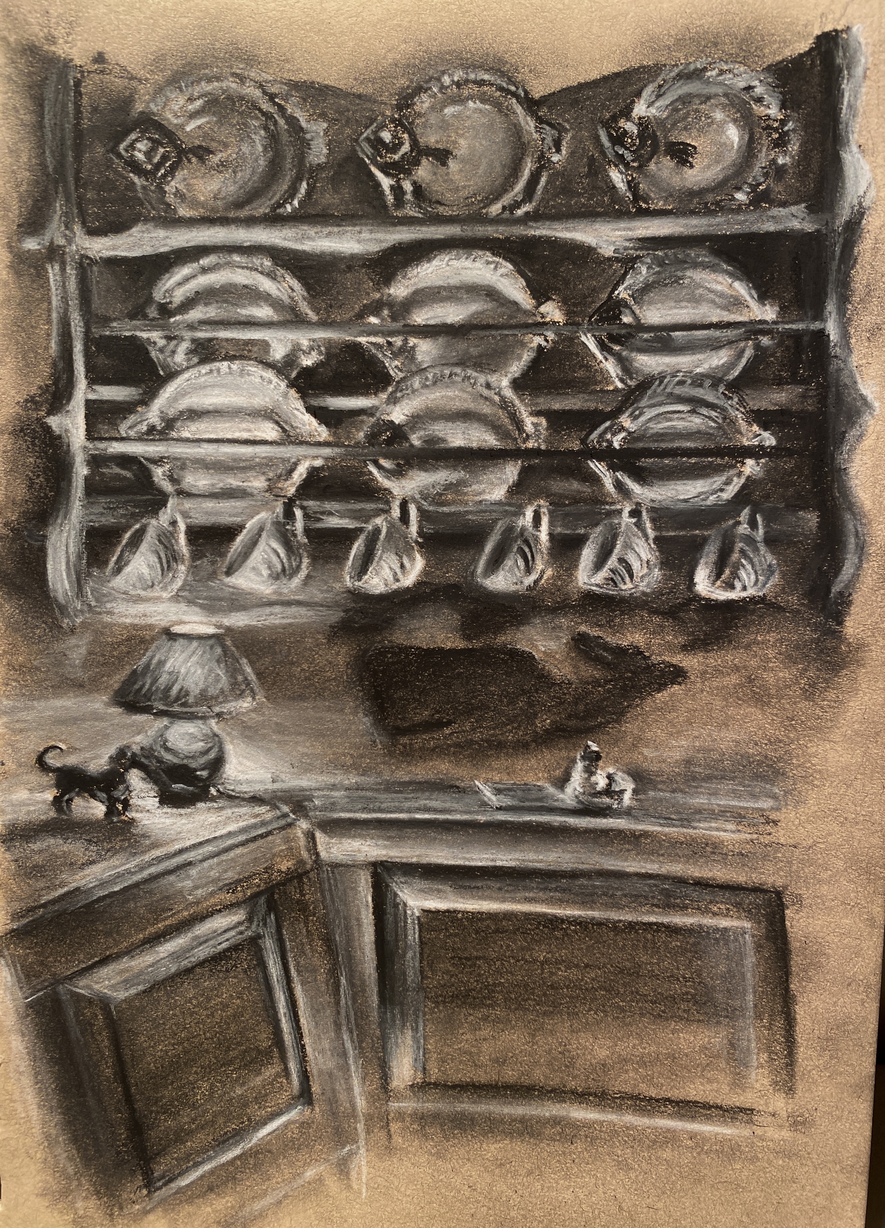 Drawing of kitchen shelf with fish plates and lamp.